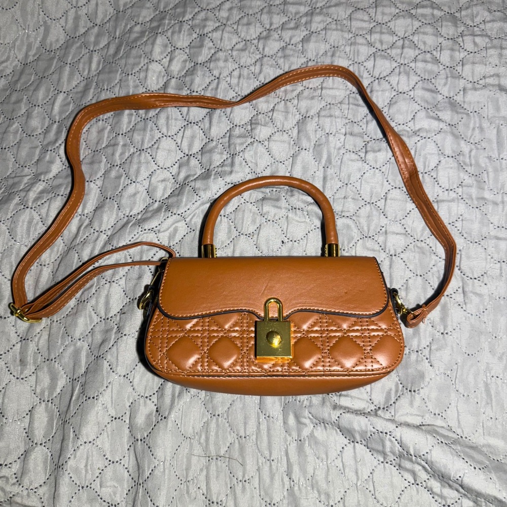 Cognac Brown Quilted Crossbody Bag Gold Lock Top Handle Satchel Clutch Handbag